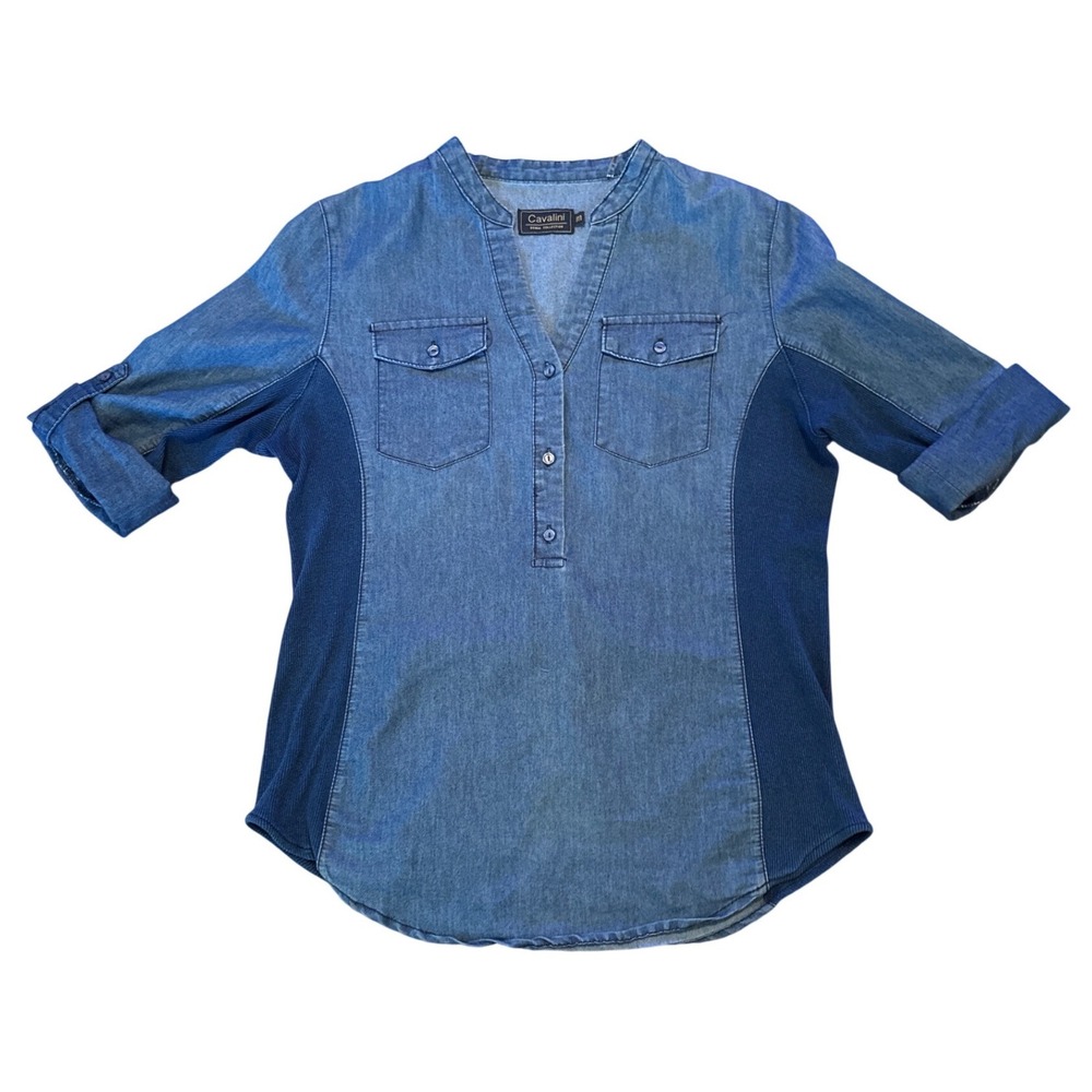 Cavalini Denim Collection Medium Wash Chambray Knit Side Panel Top M